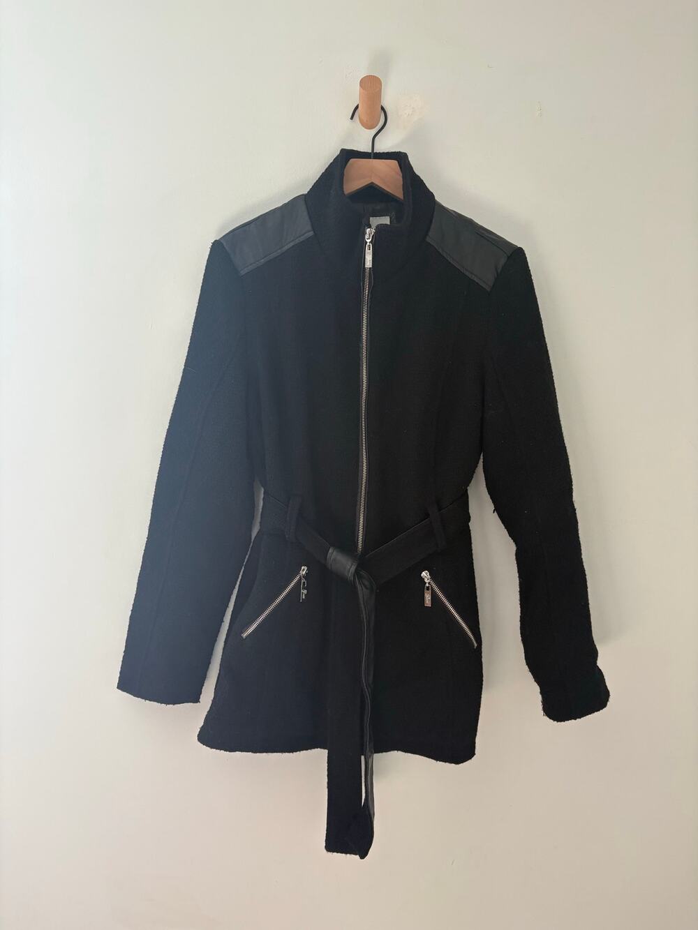 Guess Black Wool Coat Large Faux Leather Shoulder Zip Up Jacket Moto Biker